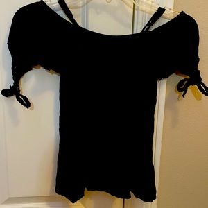 Girls, off the shoulder, ties at the bottom, black top